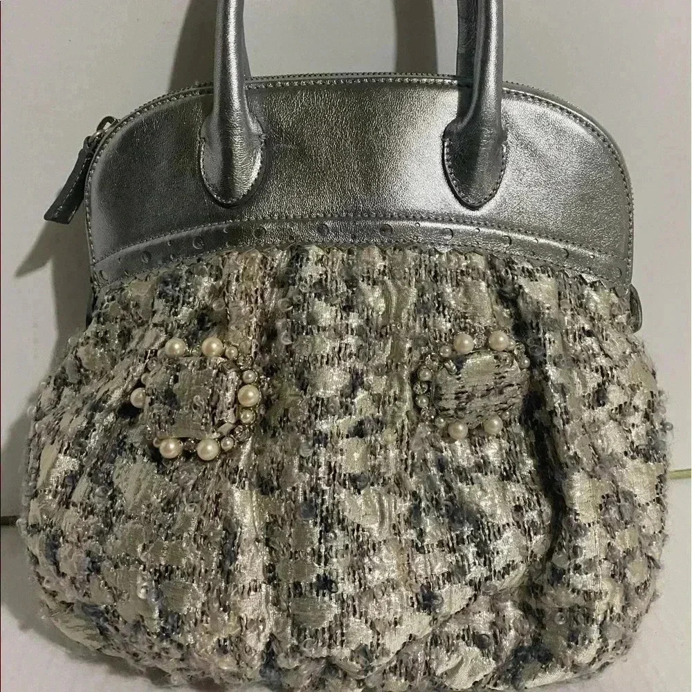 Moschino beige/grey woven satchel handbag